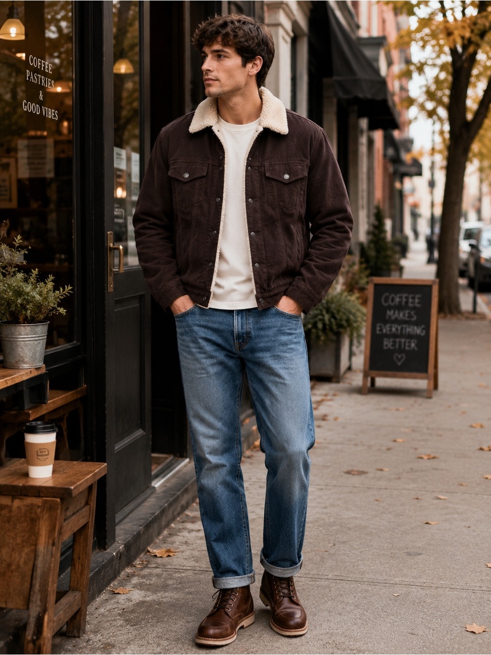 GAP Sherpa Lined Trucker Jacket Men’s Large Brown Corduroy Style Workwear Coat